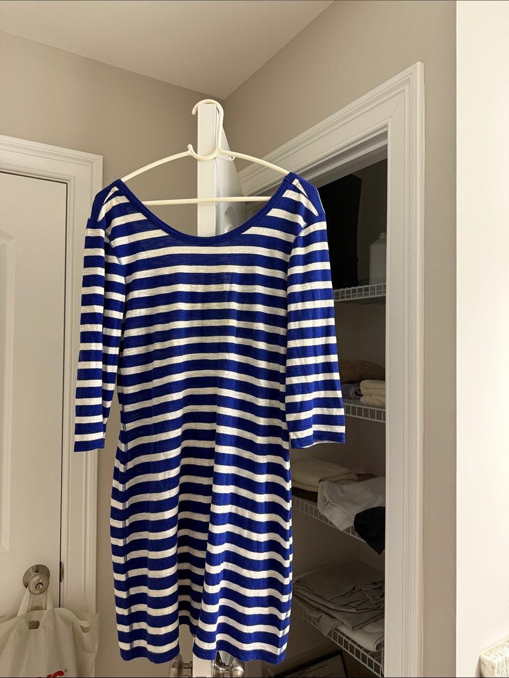 Blue and White Striped Boatneck Dress with low scoop back neckline L